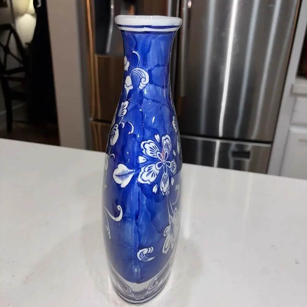 Blue and White Chinoiserie Floral Flat Ceramic Vase